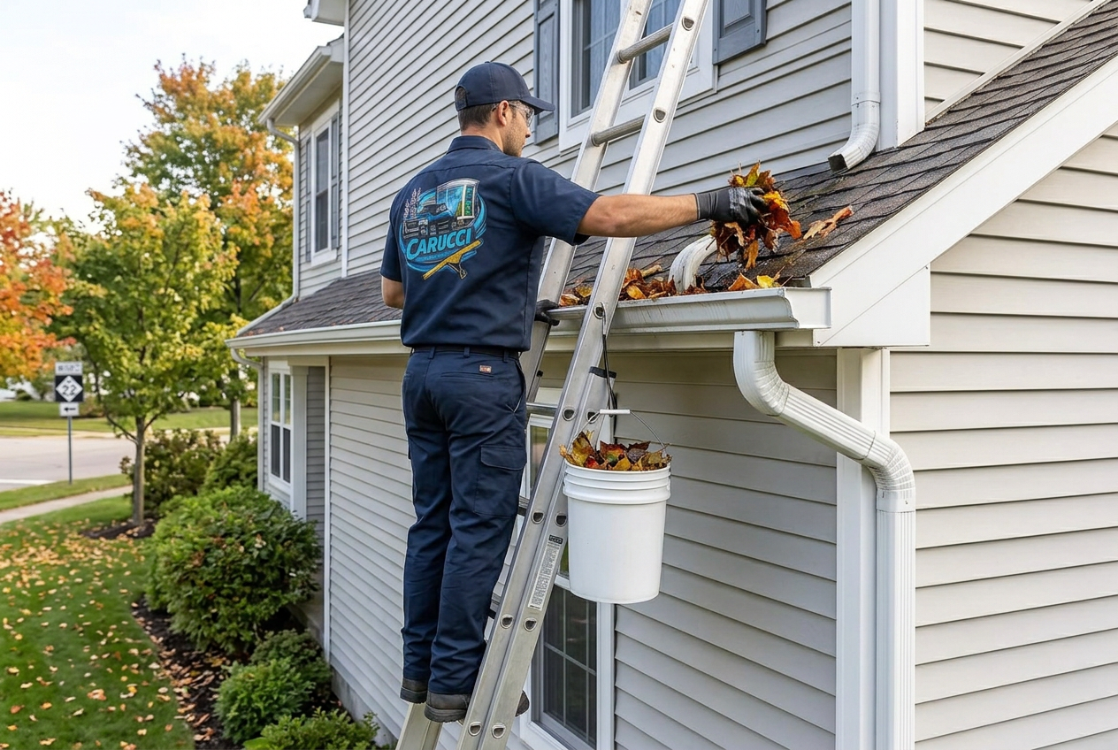 A worker in a navy Carucci-branded uniform on a ladder scooping autumn leaves out of a home gutter into a bucket