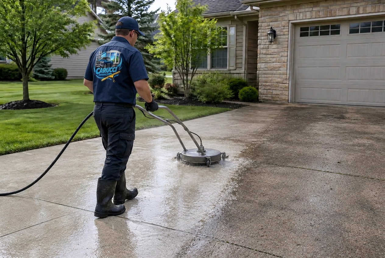 A worker in a navy hat and Carucci-branded navy uniform and rubber boots pushing a surface cleaner across a driveway, with bright cleaned concrete beside dull stained concrete