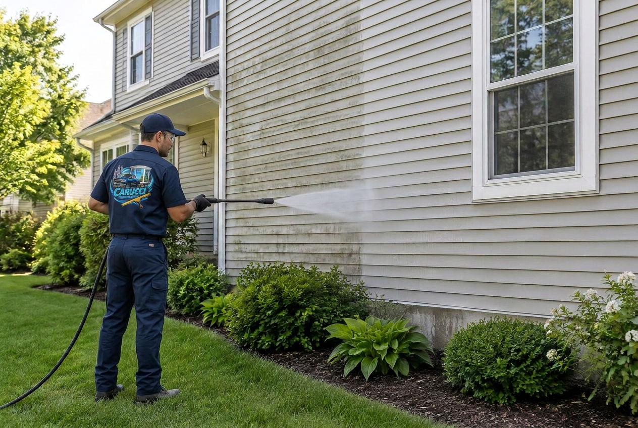 A worker in a navy hat and uniform with a Carucci logo on the back washing house siding from ground level